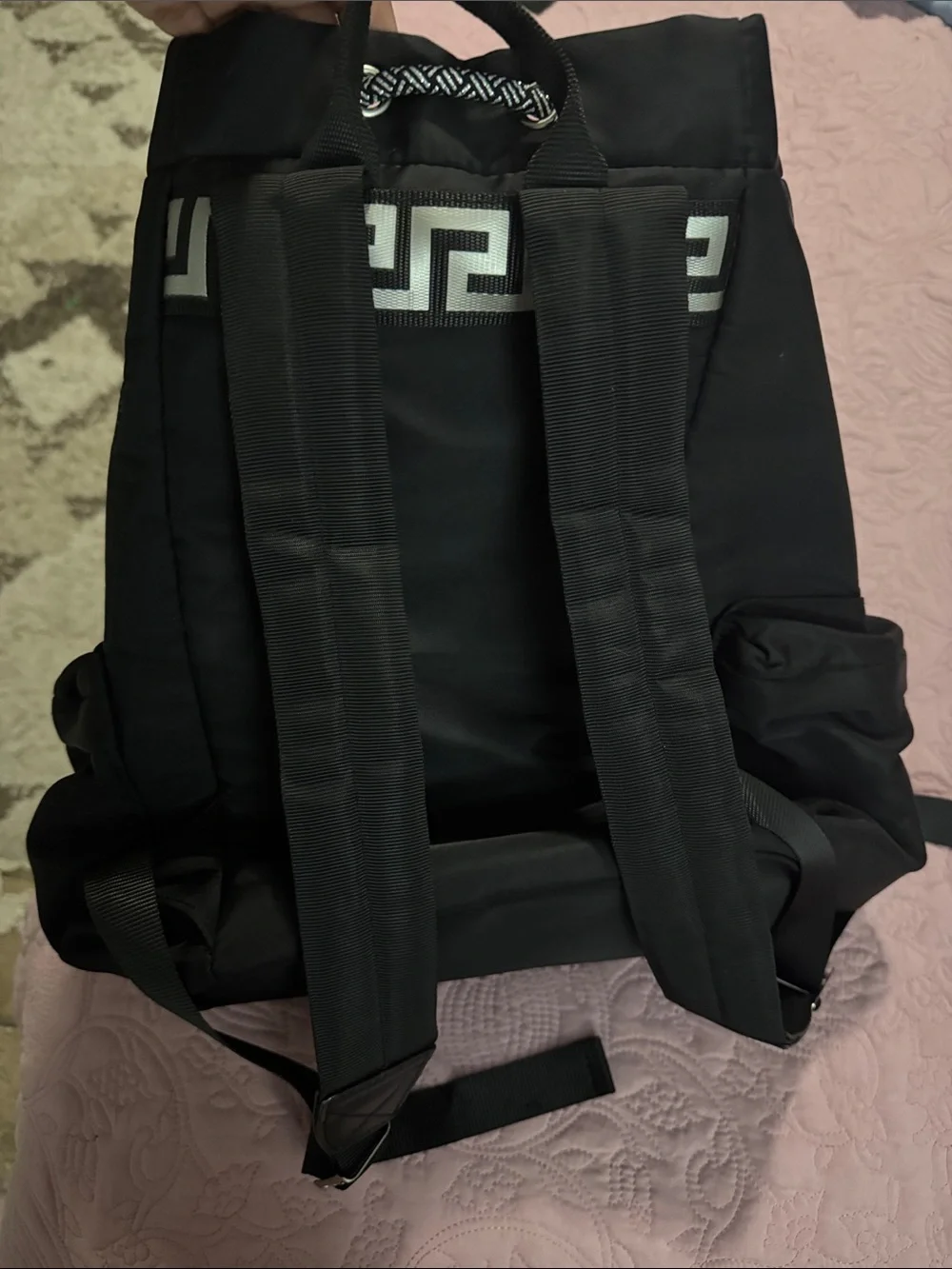 Versace Black Drawstring Backpack with Front Zip Pocket